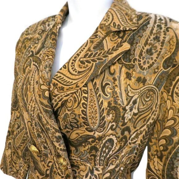 MeTaLLiC Express Design Blazer Double Breasted Brocade Paisley Goldtone 6 - Picture 4 of 9